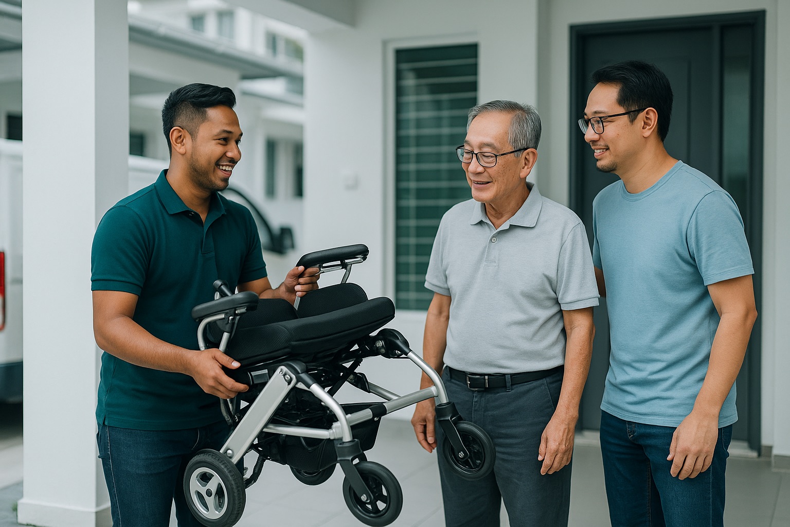 Technician demonstrating a foldable electric wheelchair to a family at their doorstep in Malaysia