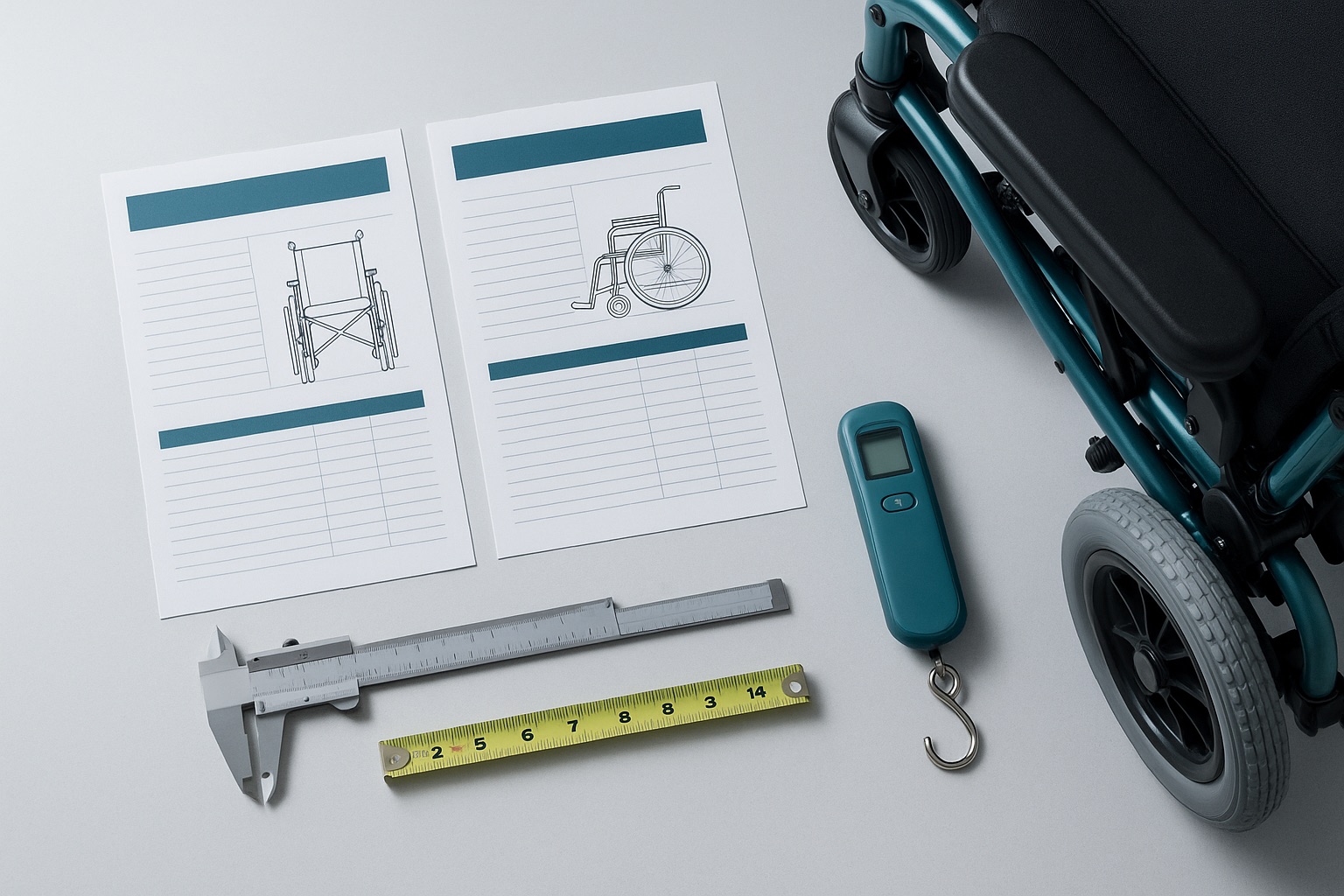 Electric wheelchair specification sheets with caliper and measuring tape — every spec published