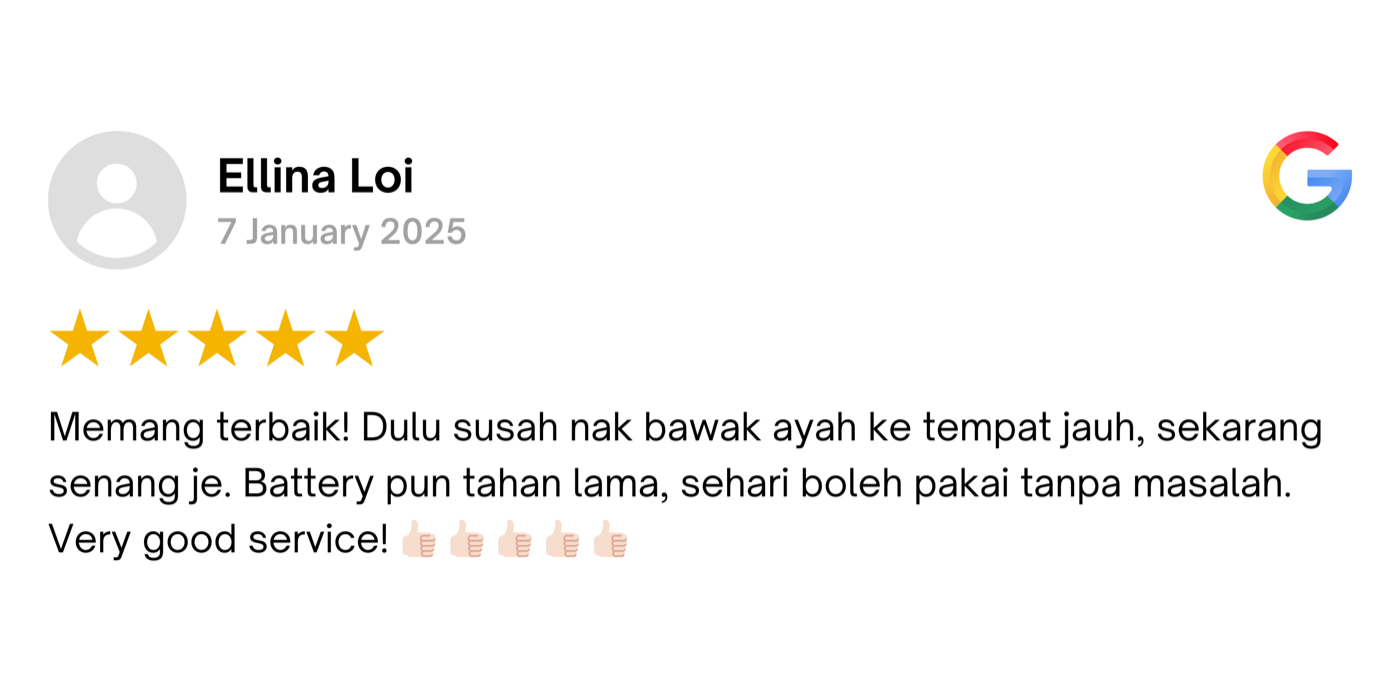 5-star Google review by Ellina Loi about her electric wheelchair