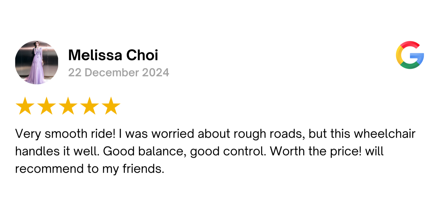 5-star Google review by Melissa Choi about her electric wheelchair ride quality